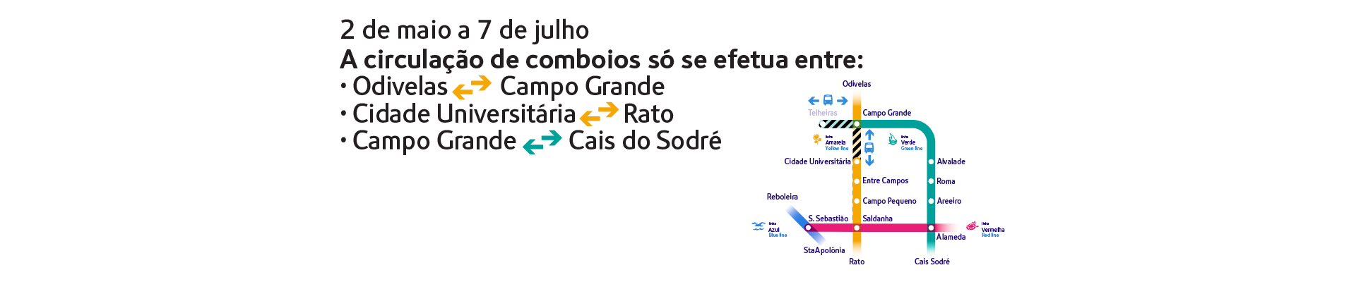  2 de maio a 7 de julho. A circulação de comboios só se efetua entre: Odivelas/Campo Grande, Cidade Universitária/ Rato e Campo Grande/Cais do Sodré