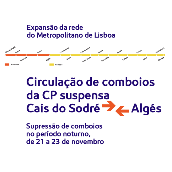Expansão da rede do metropolitano de lisboa. Circulação de comboios da CP suspensa. Cais do Sodré - Algés. Supressão de comboios no período noturno, de 21 a 23 de novembro